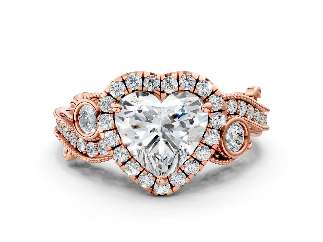 Rose gold Heart Cut Halo Diamond Ring with Milgrain and Bezel Accents on a Split Shank Band_15