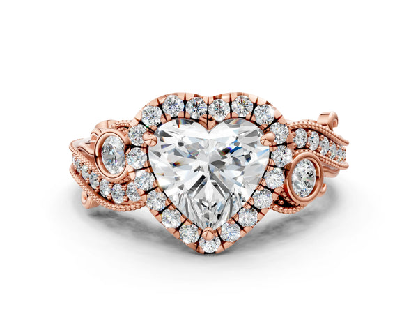 Rose gold Heart Cut Halo Diamond Ring with Milgrain and Bezel Accents on a Split Shank Band