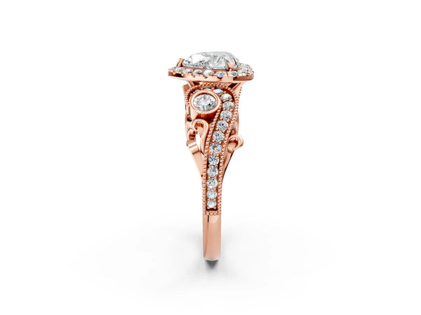 Rose gold Heart Cut Halo Diamond Ring with Milgrain and Bezel Accents on a Split Shank Band