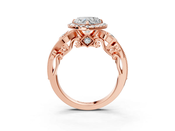 Rose gold Heart Cut Halo Diamond Ring with Milgrain and Bezel Accents on a Split Shank Band