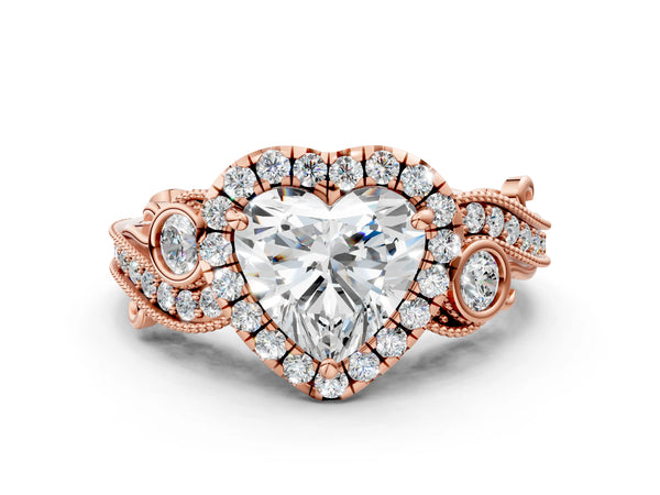 Rose gold Heart Cut Halo Diamond Ring with Milgrain and Bezel Accents on a Split Shank Band