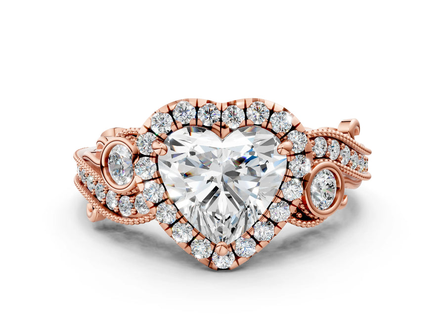 Rose gold Heart Cut Halo Diamond Ring with Milgrain and Bezel Accents on a Split Shank Band