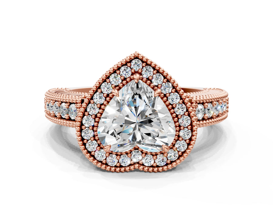 Rose gold Heart Cut Halo Diamond Ring with Pavé Band and Four-Prong Setting