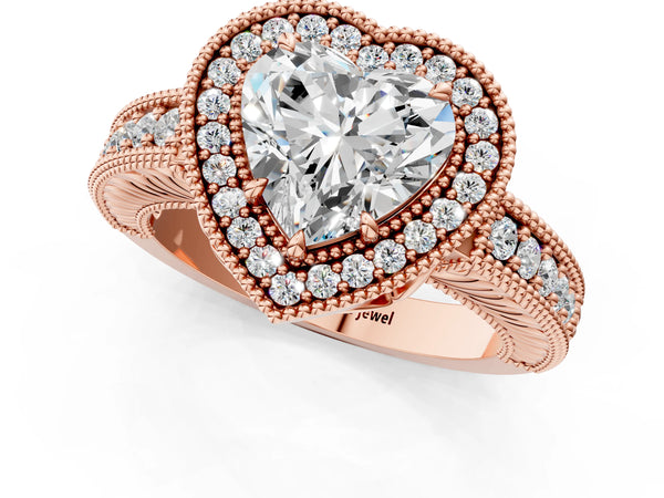 Rose gold Heart Cut Halo Diamond Ring with Pavé Band and Four-Prong Setting