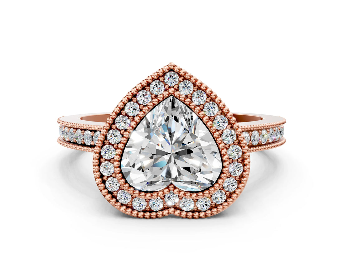 Rose gold Heart Cut Halo Diamond Ring with Pavé Band and Milgrain Prong Setting_32