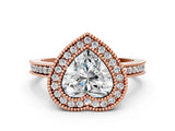 Rose gold Heart Cut Halo Diamond Ring with Pavé Band and Milgrain Prong Setting_32
