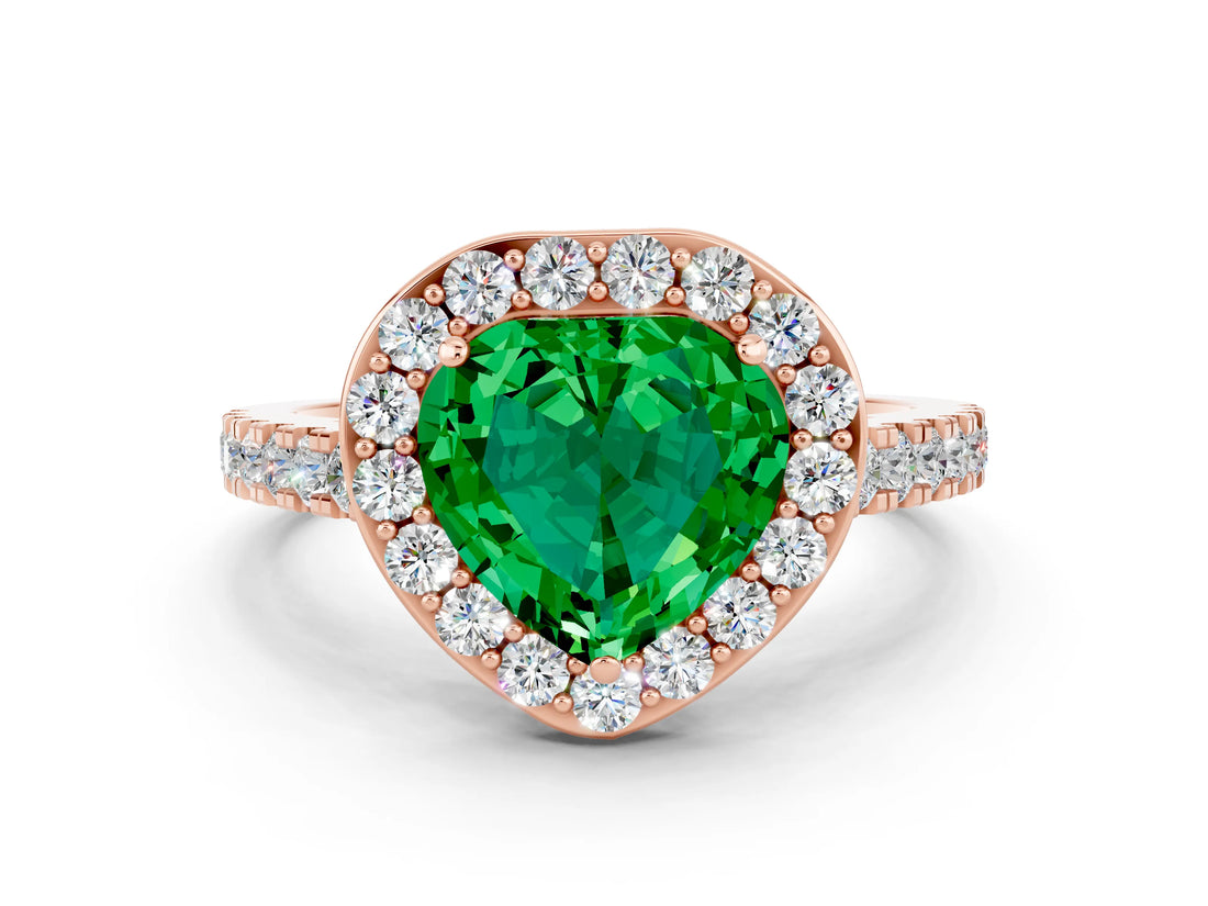 Rose gold Heart Cut Halo Diamond Ring with Pavé Band and Three-Prong Setting