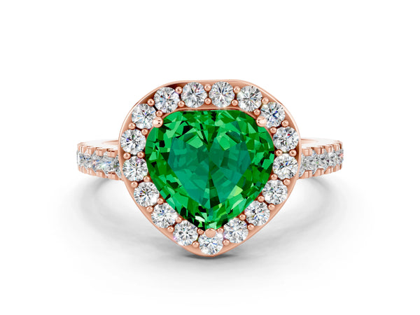 Rose gold Heart Cut Emerald Halo Ring with Round Pavé Split Shank and Prong Setting