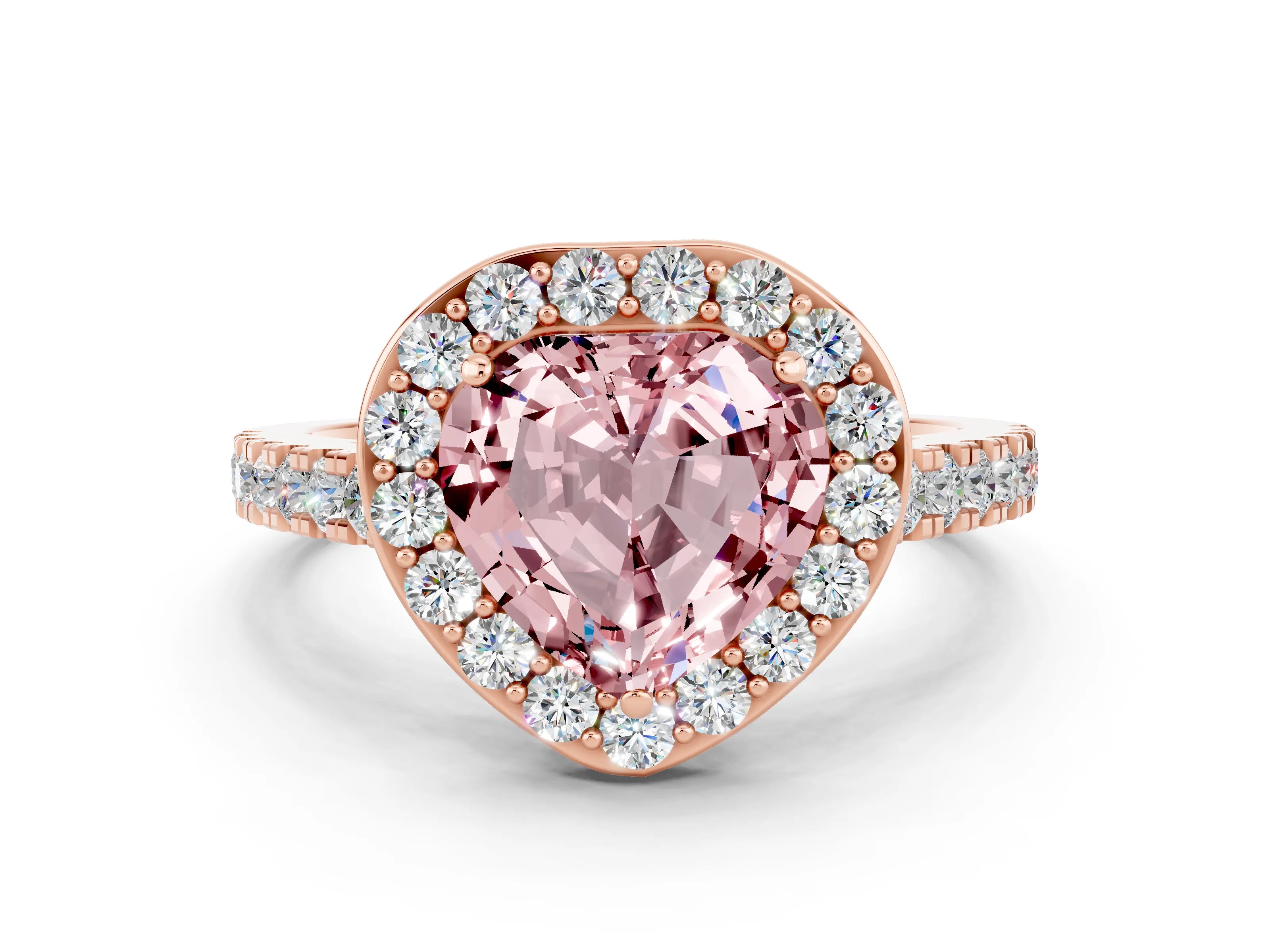 Rose gold Heart Cut Halo Diamond Ring with Pavé Band and Three-Prong Setting