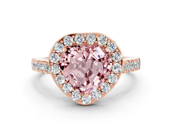 Rose gold Heart Cut Halo Diamond Ring with Pavé Band and Three-Prong Setting