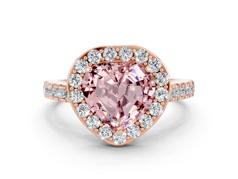 Rose gold Heart Cut Halo Diamond Ring with Pavé Band and Three-Prong Setting