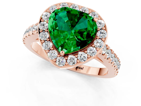 Rose gold Heart Cut Emerald Halo Ring with Round Pavé Split Shank and Prong Setting