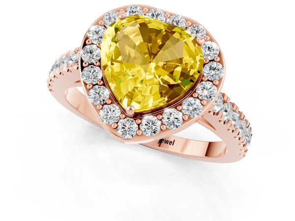 Rose gold Heart Cut Yellow Sapphire Halo Ring with Round Pavé Split Shank and Prong Setting