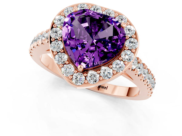Rose gold Heart Cut Amethyst Halo Ring with Round Pavé Split Shank and Prong Setting