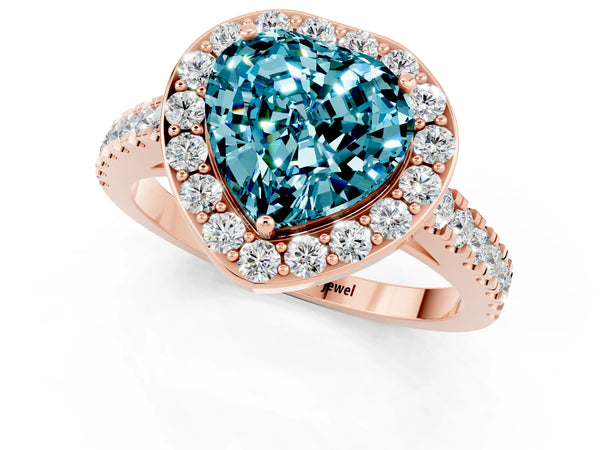Rose gold Heart Cut Halo Diamond Ring with Pavé Band and Three-Prong Setting