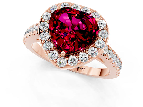 Rose gold Heart Cut Garnet Halo Ring with Round Pavé Split Shank and Prong Setting
