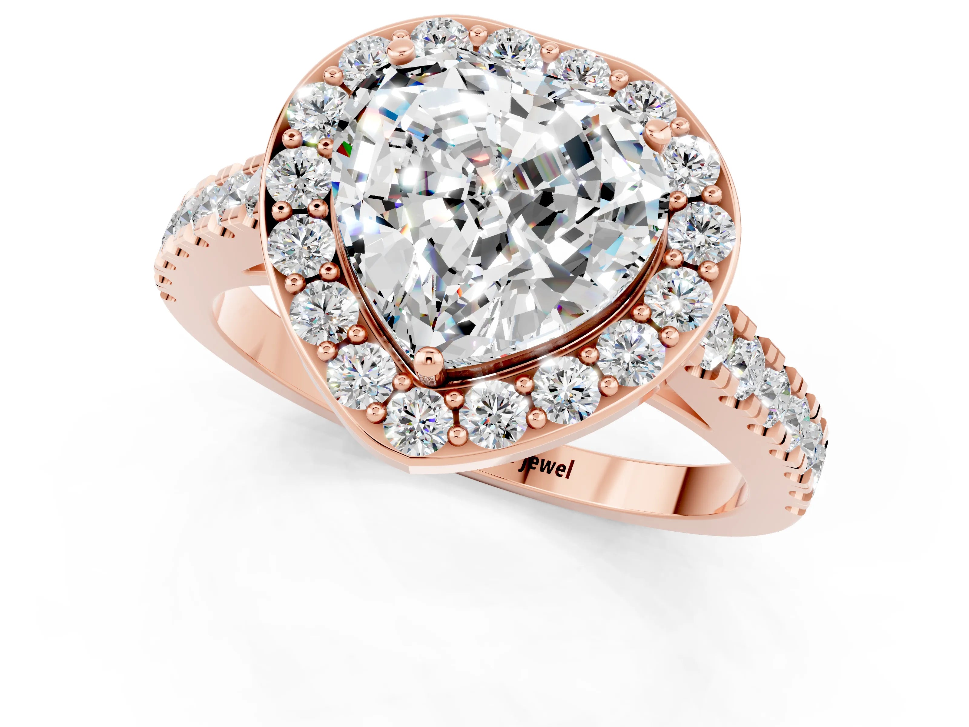 Rose gold Heart Cut Halo Diamond Ring with Pavé Band and Three-Prong Setting_1