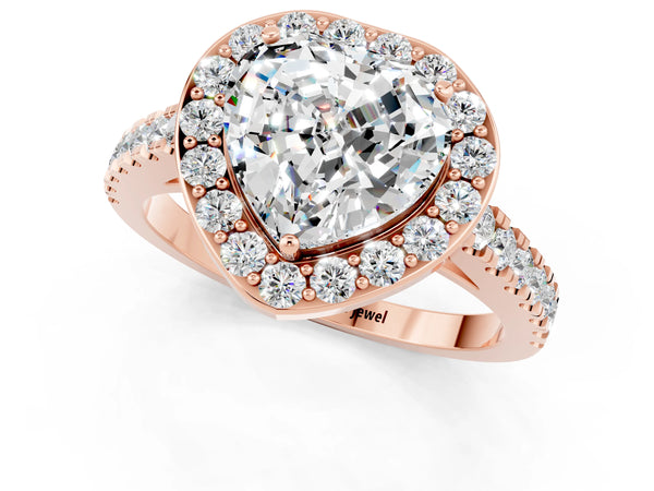 Rose gold Heart Cut Moissanite Halo Ring with Round Pavé Split Shank and Prong Setting