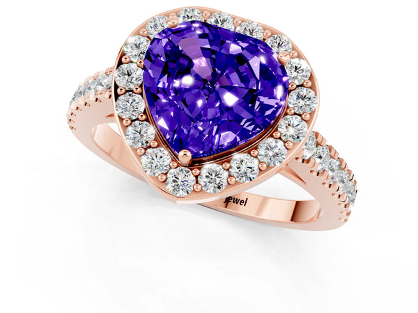 Rose gold Heart Cut Tanzanite Halo Ring with Round Pavé Split Shank and Prong Setting