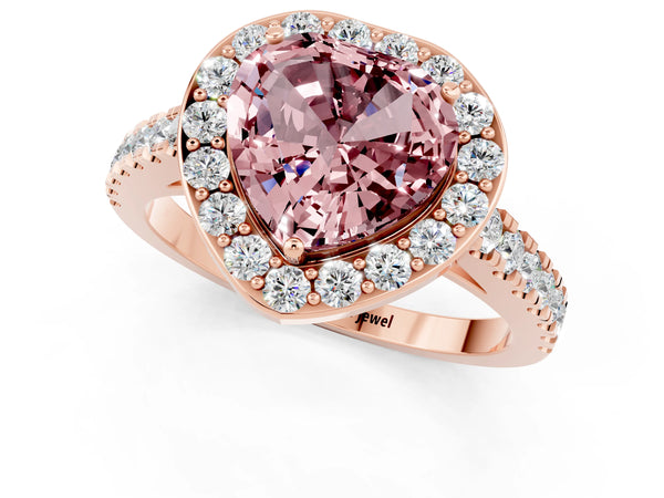 Rose gold Heart Cut Halo Diamond Ring with Pavé Band and Three-Prong Setting