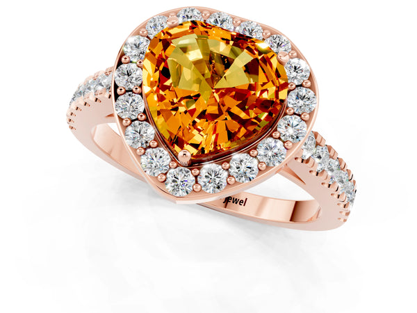 Rose gold Heart Cut Citrine Halo Ring with Round Pavé Split Shank and Prong Setting