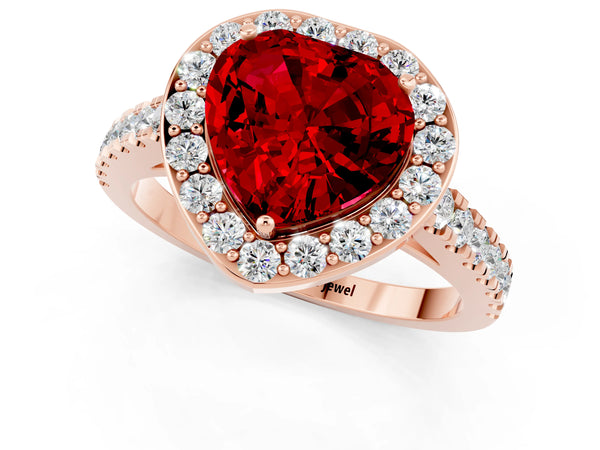 Rose gold Heart Cut Ruby Halo Ring with Round Pavé Split Shank and Prong Setting