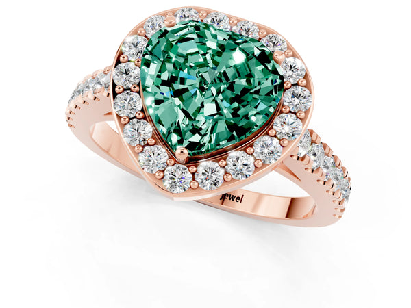 Rose gold Heart Cut Green Sapphire Halo Ring with Round Pavé Split Shank and Prong Setting
