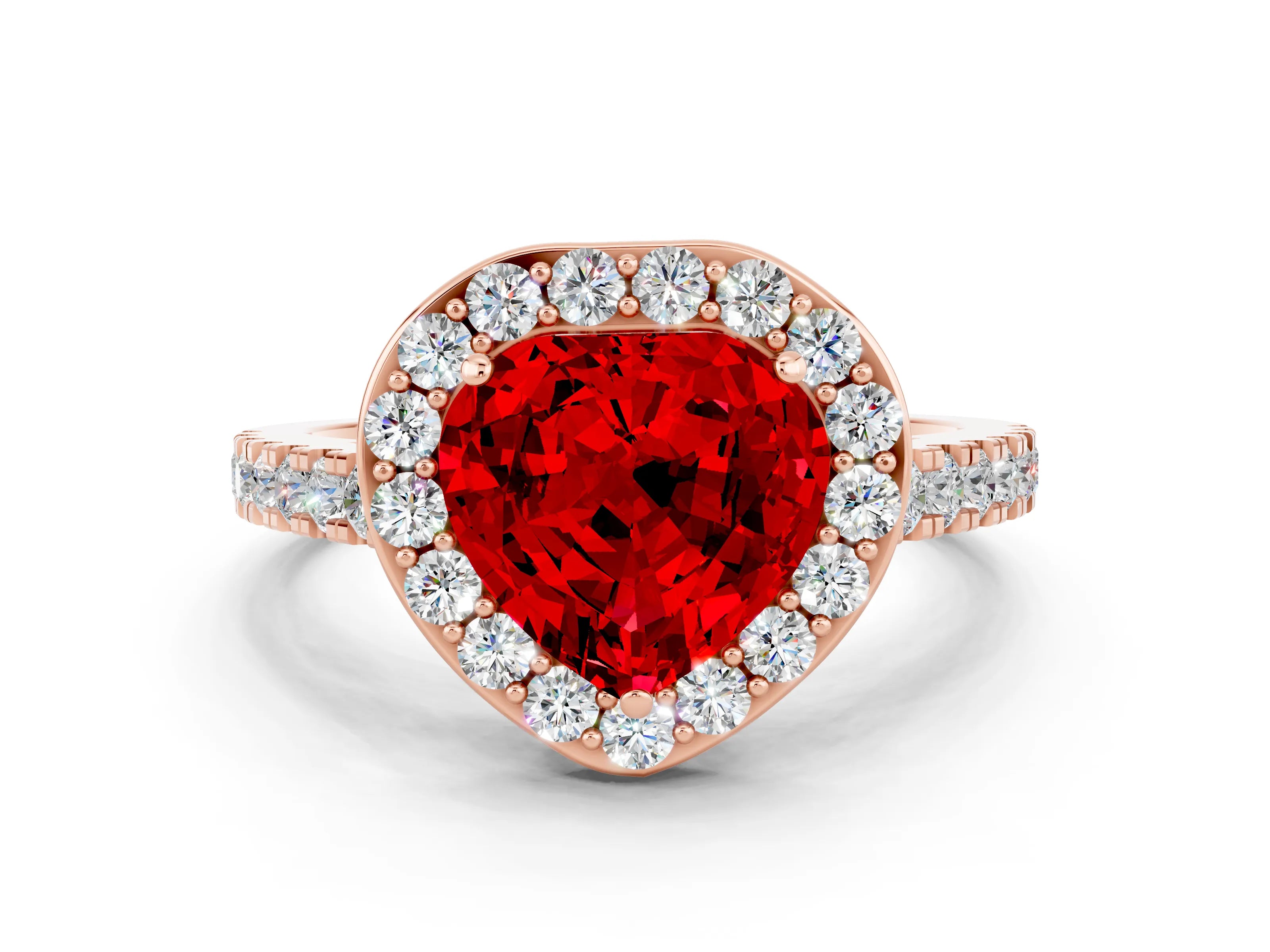 Rose gold Heart Cut Halo Diamond Ring with Pavé Band and Three-Prong Setting