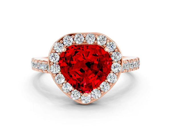 Rose gold Heart Cut Ruby Halo Ring with Round Pavé Split Shank and Prong Setting