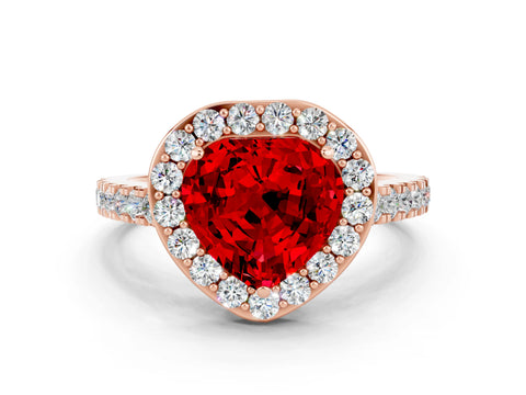 Rose gold Heart Cut Halo Diamond Ring with Pavé Band and Three-Prong Setting