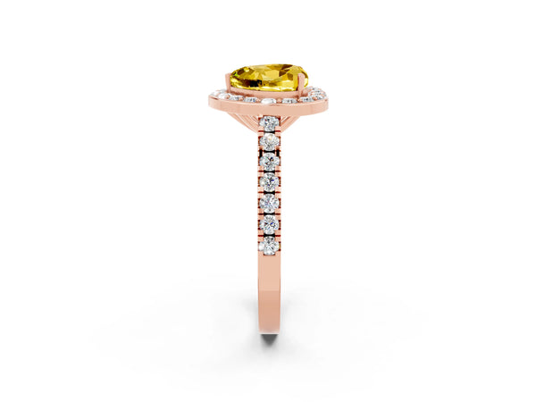 Rose gold Heart Cut Yellow Sapphire Halo Ring with Round Pavé Split Shank and Prong Setting