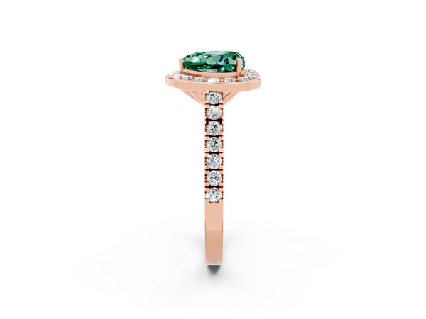 Rose gold Heart Cut Green Sapphire Halo Ring with Round Pavé Split Shank and Prong Setting
