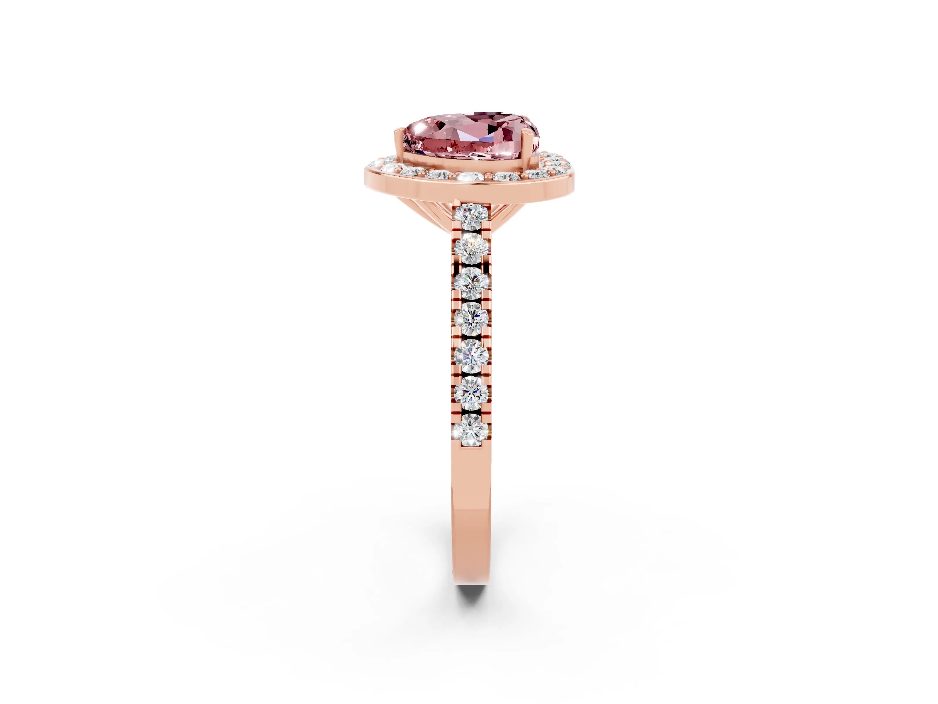 Rose gold Heart Cut Halo Diamond Ring with Pavé Band and Three-Prong Setting_2