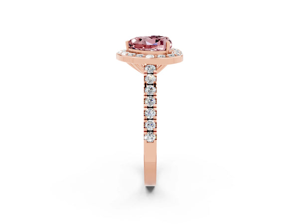 Rose gold Heart Cut Halo Diamond Ring with Pavé Band and Three-Prong Setting