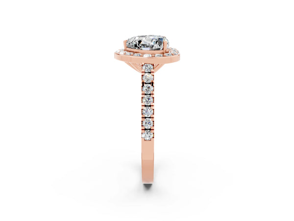 Rose gold Heart Cut Moissanite Halo Ring with Round Pavé Split Shank and Prong Setting