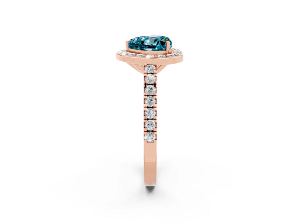 Rose gold Heart Cut Halo Diamond Ring with Pavé Band and Three-Prong Setting