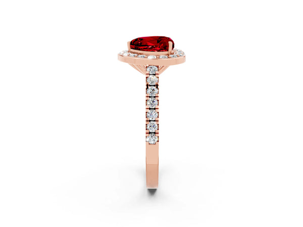 Rose gold Heart Cut Ruby Halo Ring with Round Pavé Split Shank and Prong Setting