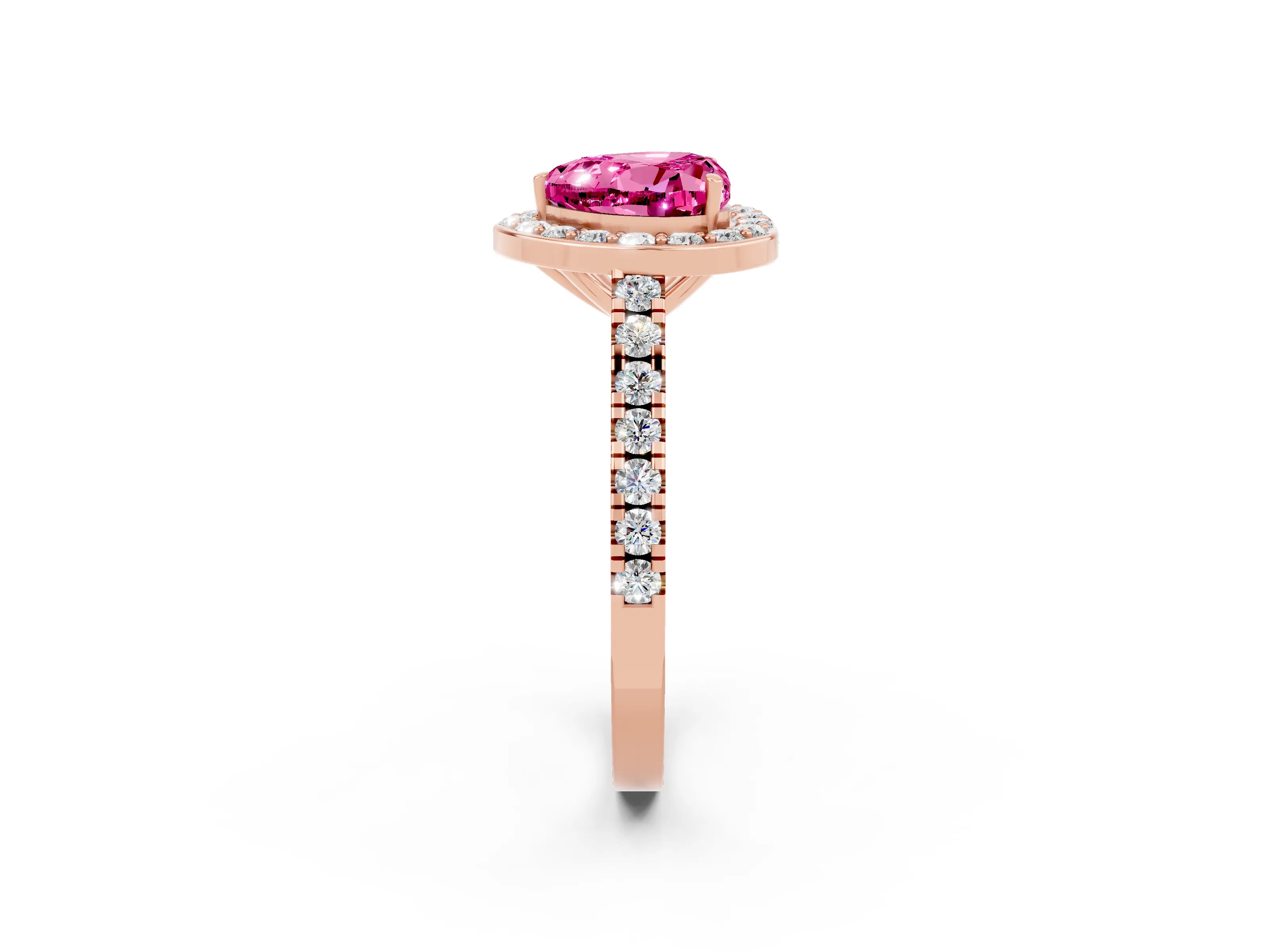 Rose gold Heart Cut Halo Diamond Ring with Pavé Band and Three-Prong Setting_2