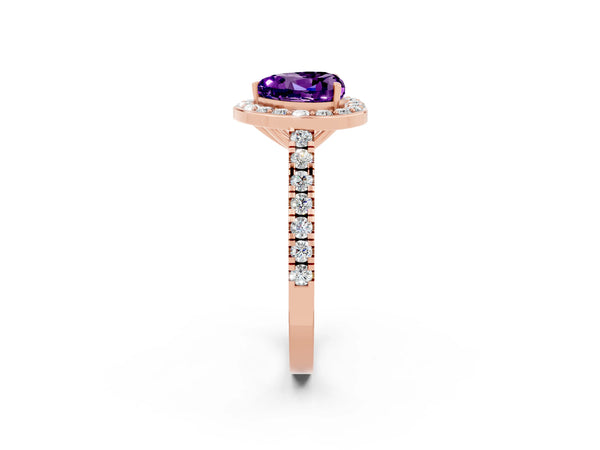Rose gold Heart Cut Amethyst Halo Ring with Round Pavé Split Shank and Prong Setting