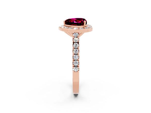 Rose gold Heart Cut Garnet Halo Ring with Round Pavé Split Shank and Prong Setting