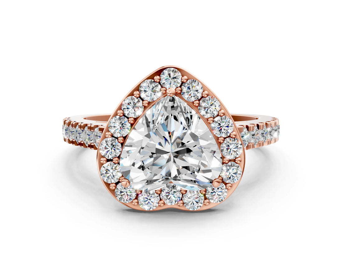 Rose gold Heart Cut Halo Diamond Ring with Pavé Band and Three-Prong Setting_3