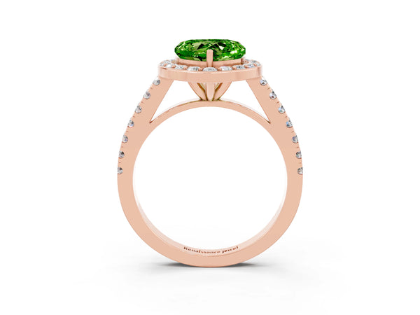 Rose gold Heart Cut Halo Diamond Ring with Pavé Band and Three-Prong Setting