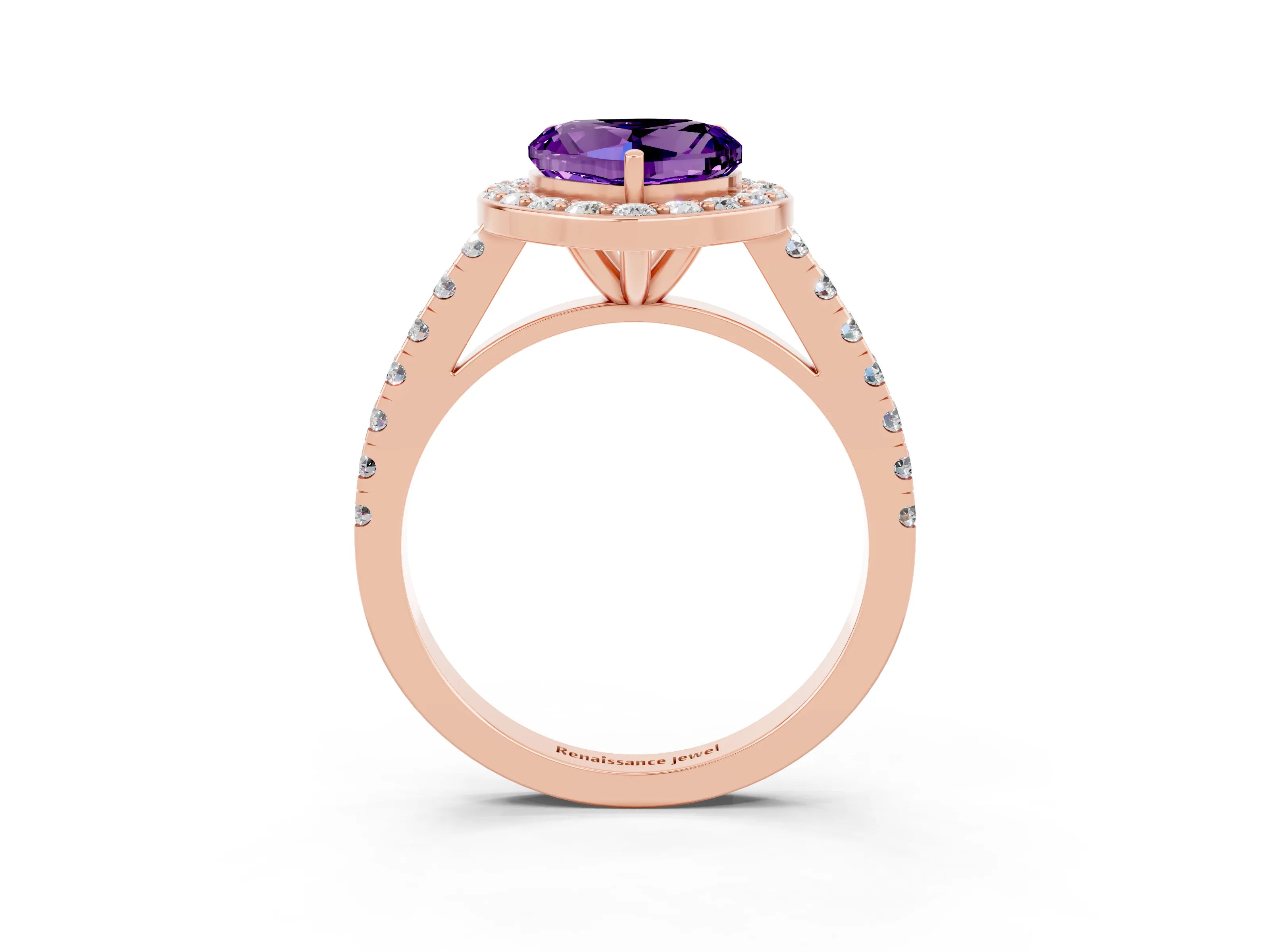 Rose gold Heart Cut Halo Diamond Ring with Pavé Band and Three-Prong Setting_3