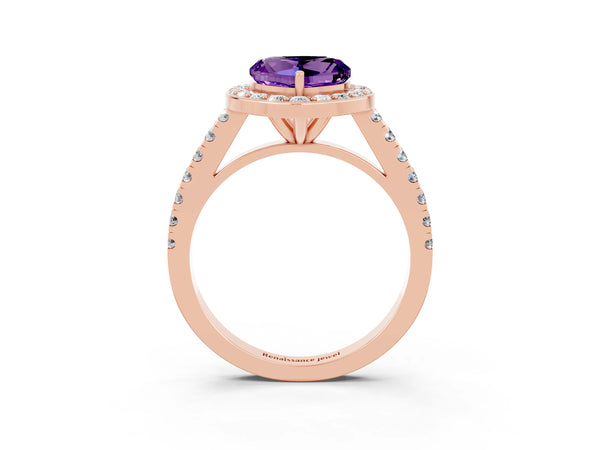 Rose gold Heart Cut Amethyst Halo Ring with Round Pavé Split Shank and Prong Setting
