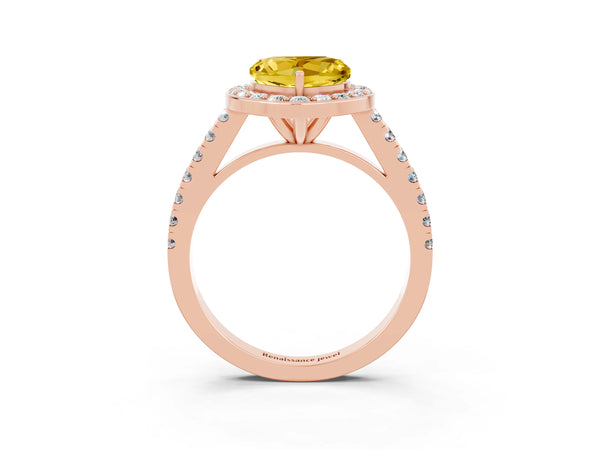 Rose gold Heart Cut Yellow Sapphire Halo Ring with Round Pavé Split Shank and Prong Setting