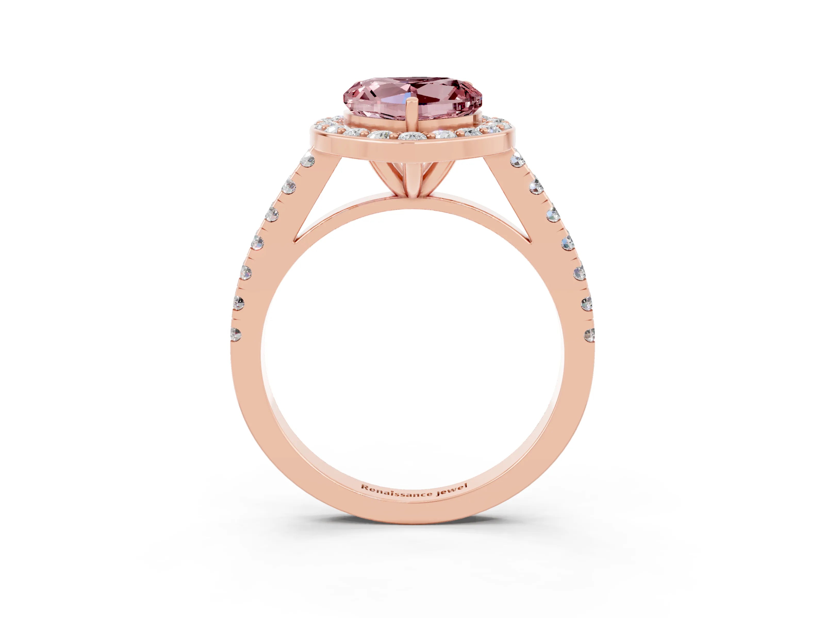 Rose gold Heart Cut Halo Diamond Ring with Pavé Band and Three-Prong Setting_3