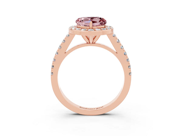 Rose gold Heart Cut Halo Diamond Ring with Pavé Band and Three-Prong Setting