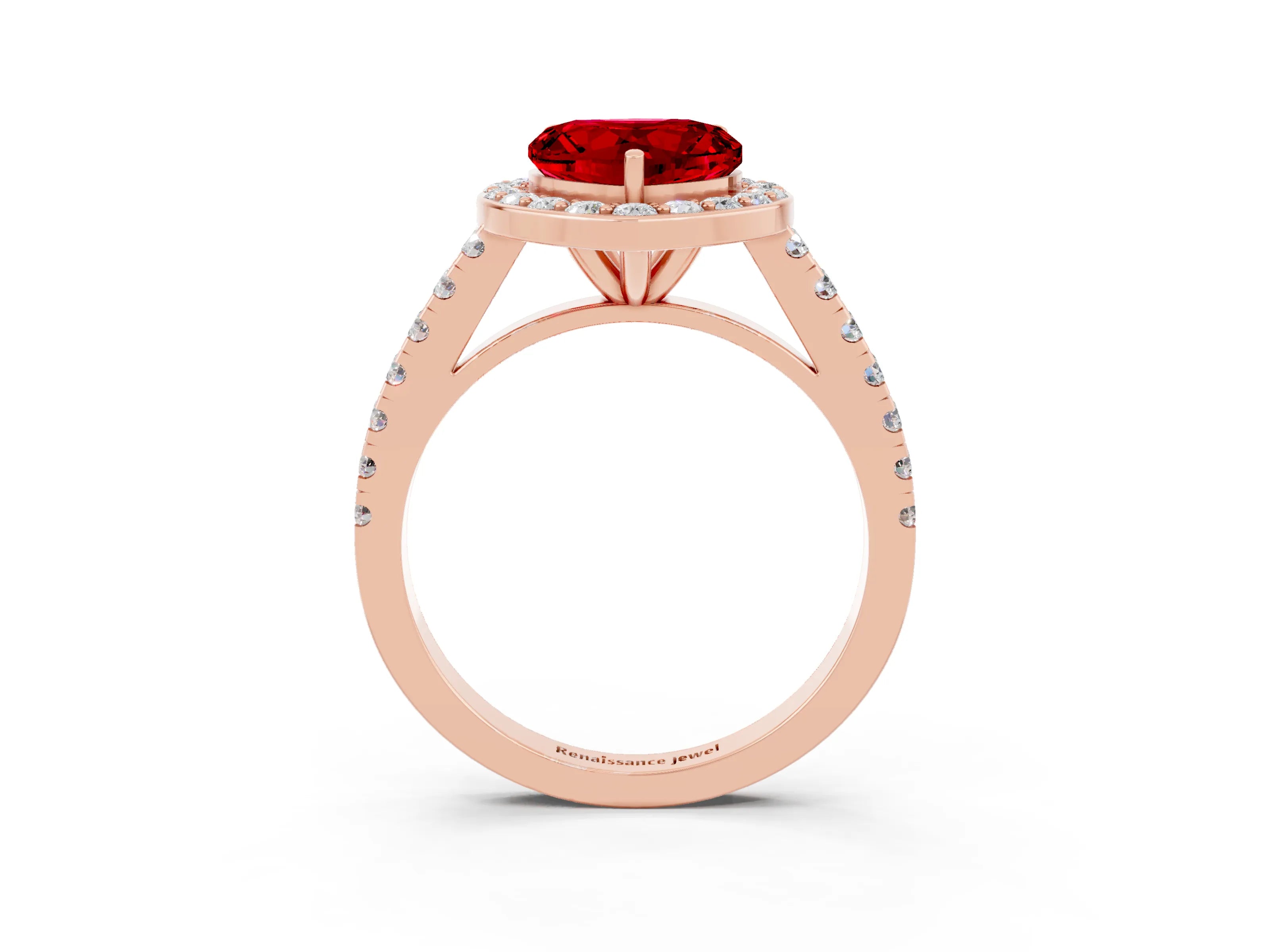 Rose gold Heart Cut Halo Diamond Ring with Pavé Band and Three-Prong Setting_3