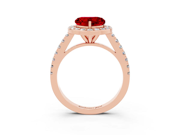 Rose gold Heart Cut Ruby Halo Ring with Round Pavé Split Shank and Prong Setting