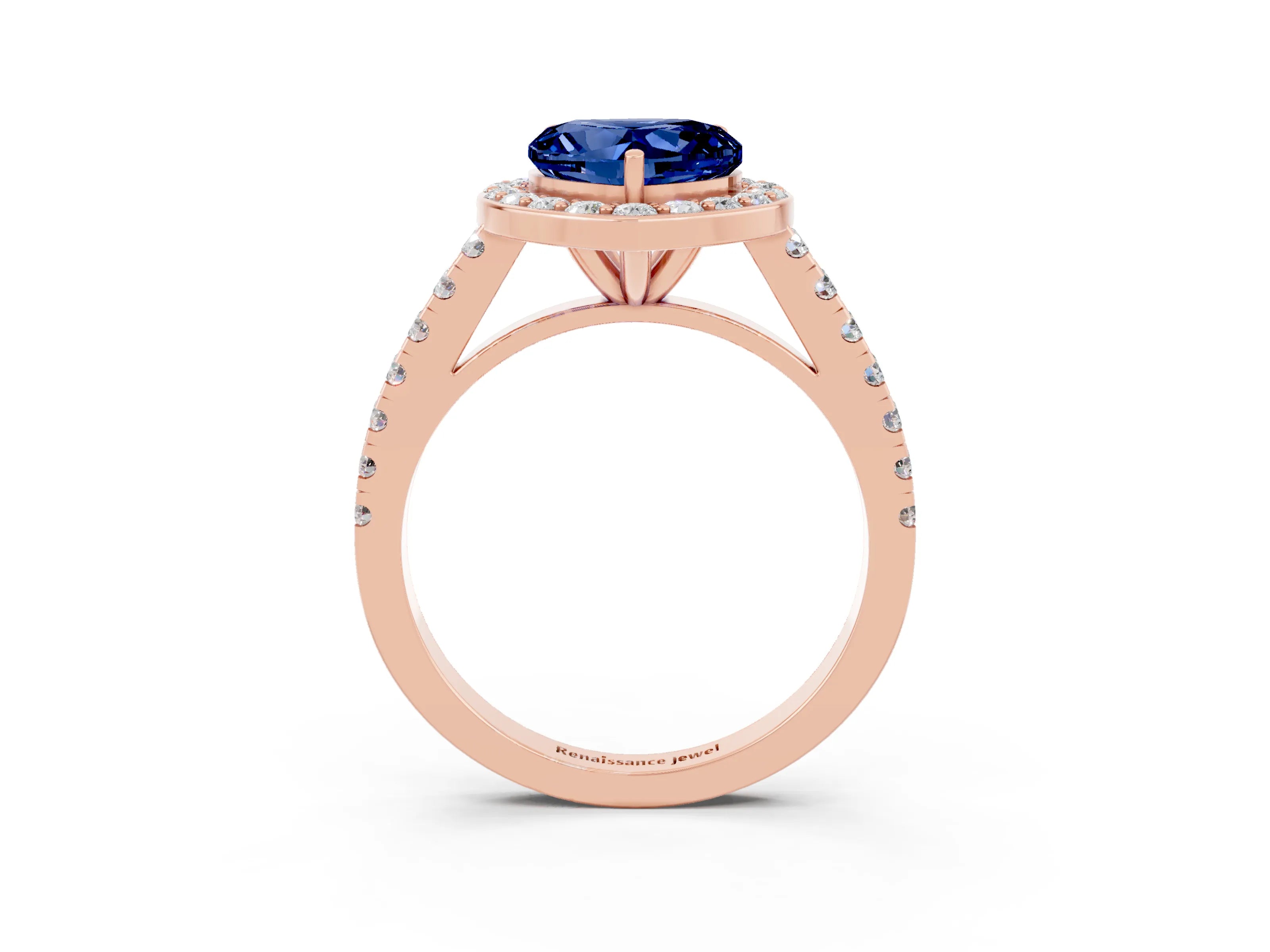 Rose gold Heart Cut Halo Diamond Ring with Pavé Band and Three-Prong Setting_3